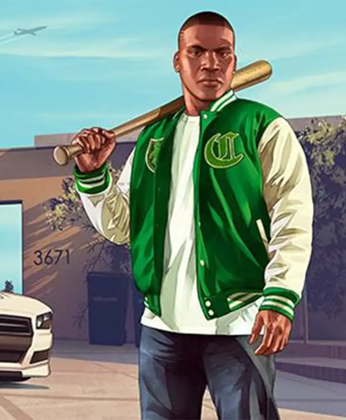 GTA 5 Franklin Adamim Green and White Varsity Jacket Front