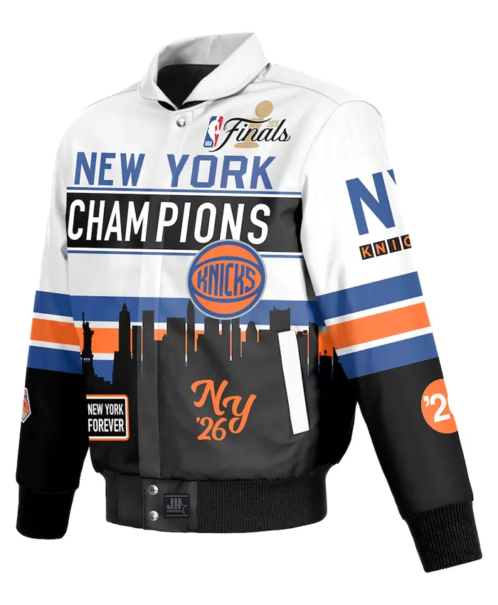 NY Knicks JH Design NBA Champions 2026 White Leather Jacket