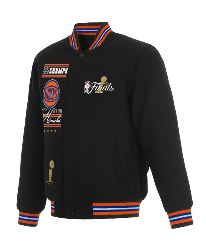 New York Knicks Champions 2026 Black Reversible Wool Jacket Front