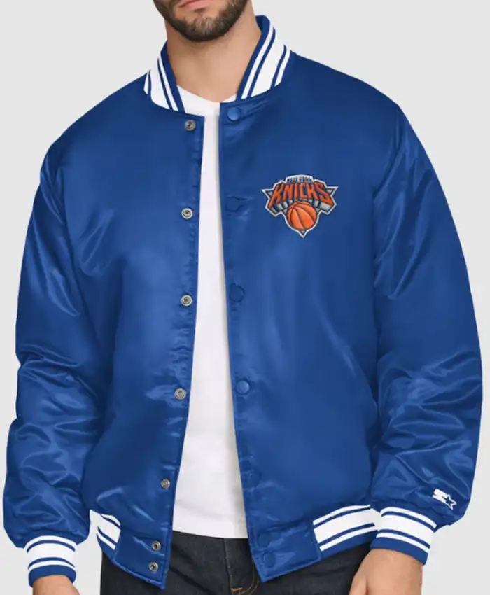 New York Knicks Starter Blue Final Buzzer Satin Varsity Jacket Front