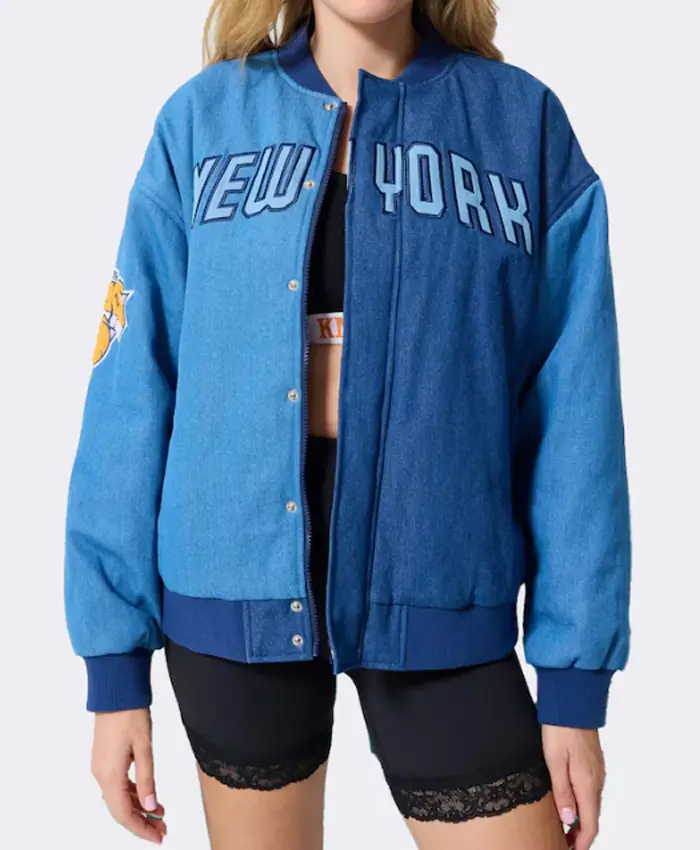 New York Knicks Terez Blue Denim Bomber Jacket Front