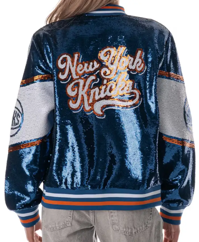 New York Knicks The Wild Collective Blue Sequin Bomber Jacket Back
