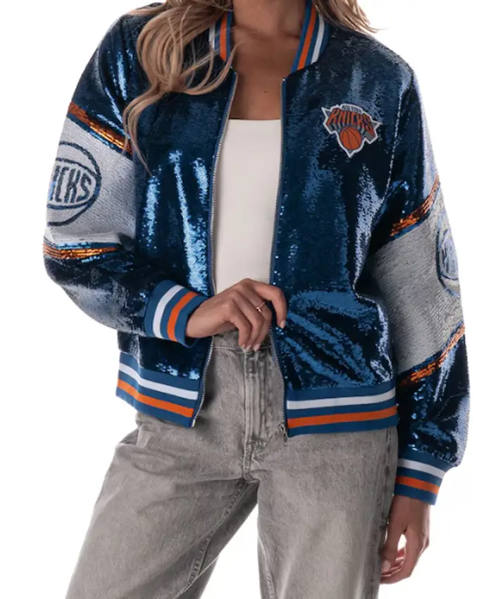 New York Knicks The Wild Collective Blue Sequin Bomber Jacket Front