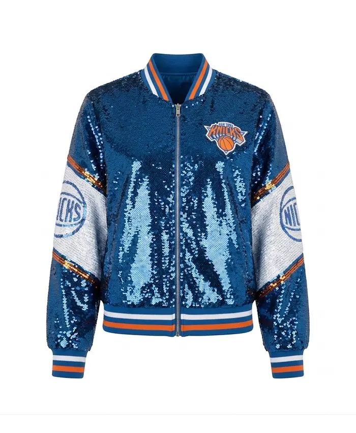 New York Knicks The Wild Collective Blue Sequin Bomber Jacket