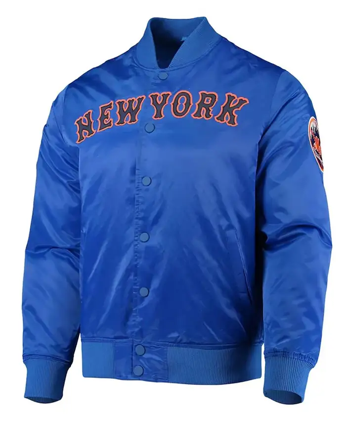 New York Mets Royal Blue Satin Bomber Jacket Front