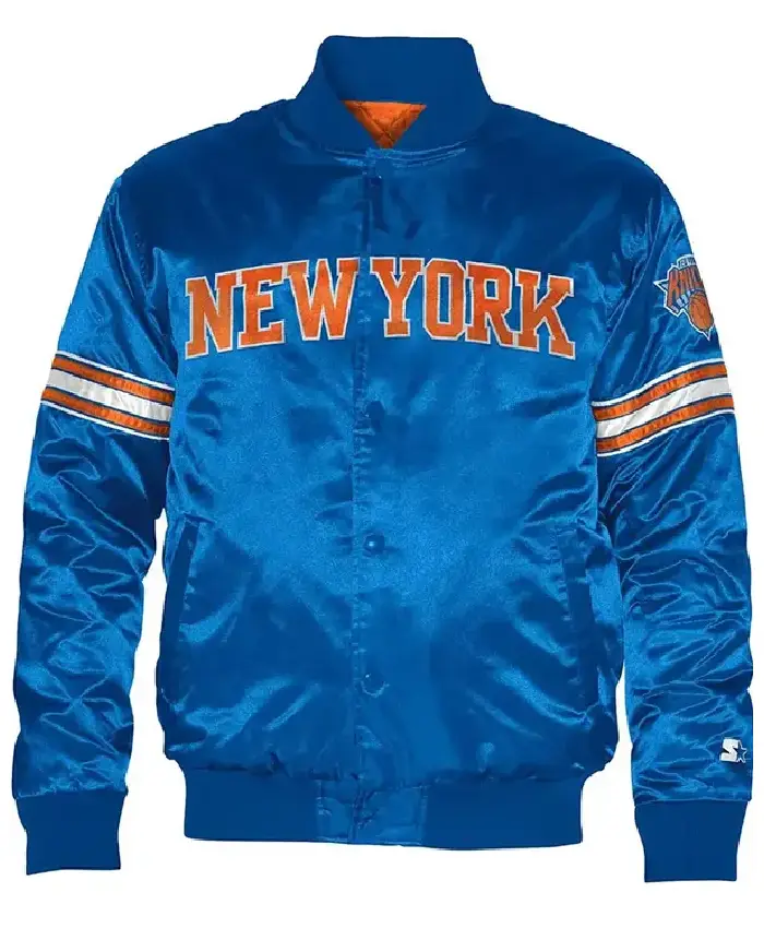 Shop Ny Knicks Striped Royal Blue Bomber Satin Jacket For Sale
