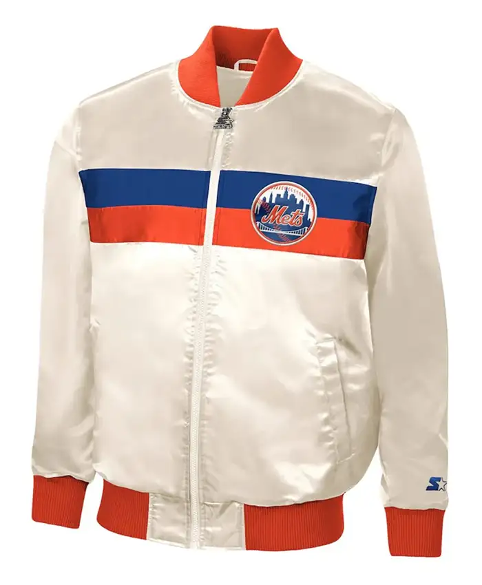 Starter NY Mets White Satin Bomber Jacket Front