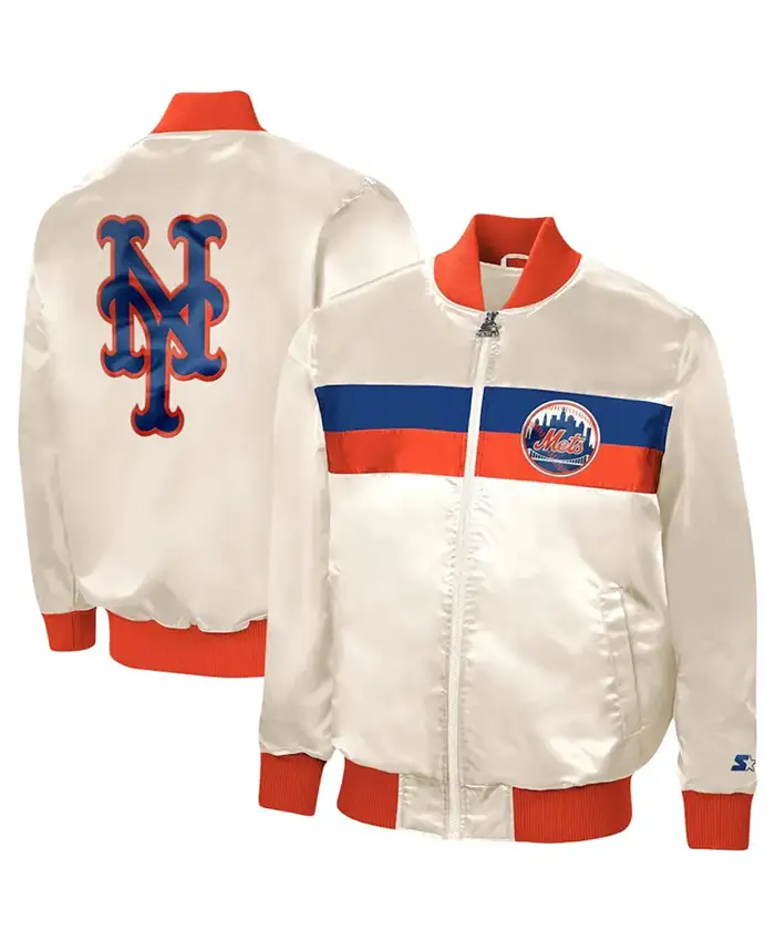 Starter NY Mets White Satin Bomber Jacket