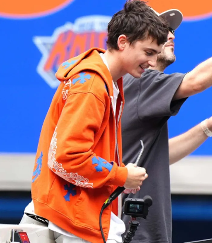 Timothée Chalamet New York Knicks Championship Orange Hoodie Side