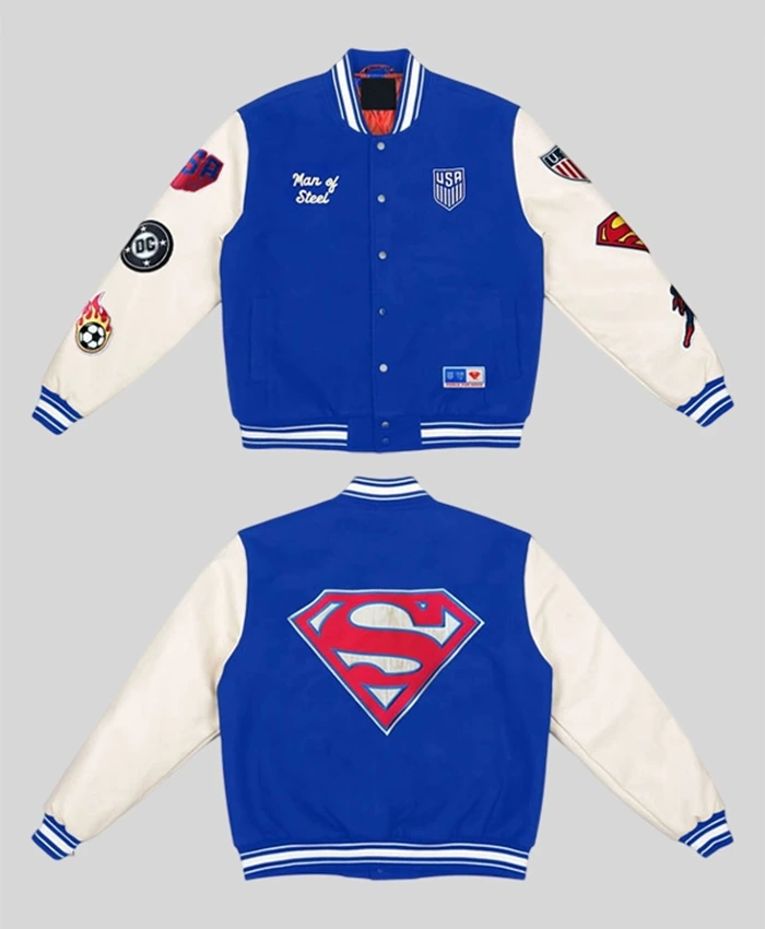US Soccer x DC Superman Blue Varsity Jacket For Sale