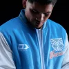 2026 Rugby Team New Zealand Warriors Blue Varsity Jacket Closeup View