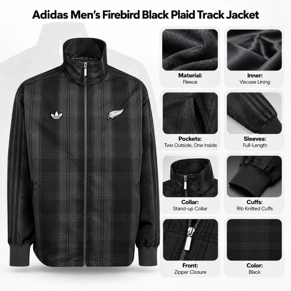 Adidas Men’s Firebird Black Plaid Track Jacket Infographic