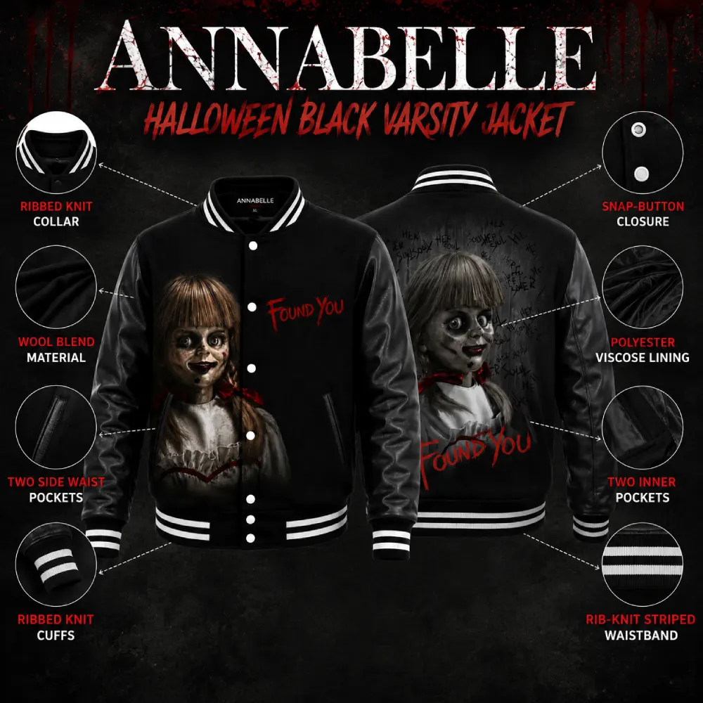 Halloween Found You Annabelle Black Varsity Jacket Sale For Men and Women
