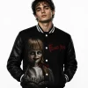 Front view of the Annabelle Halloween black varsity jacket