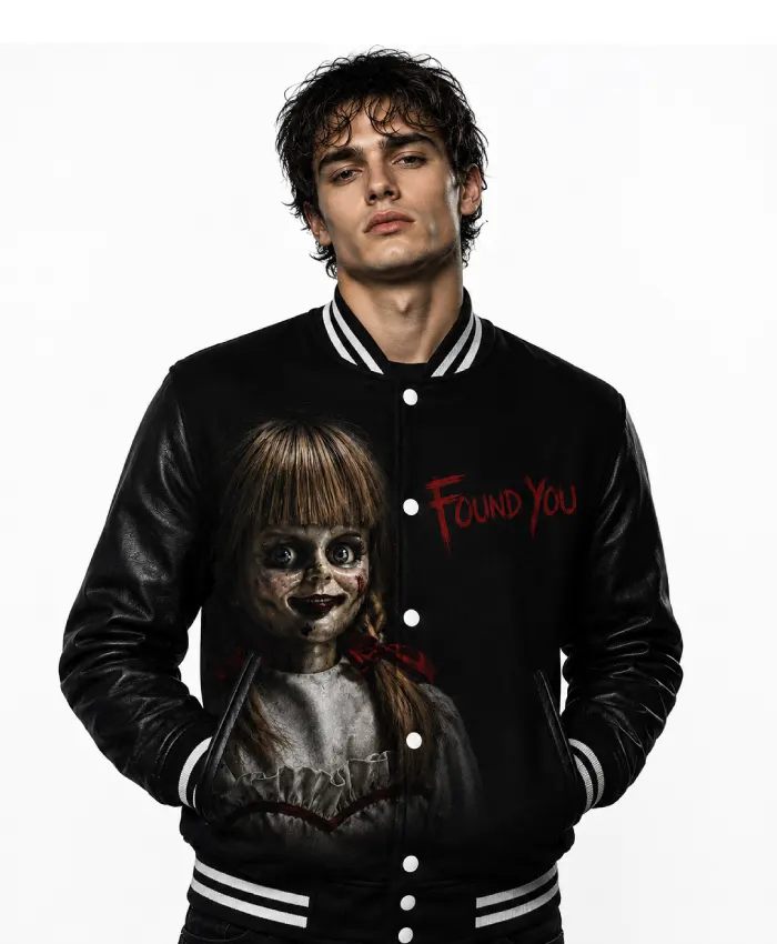 Front view of the Annabelle Halloween black varsity jacket