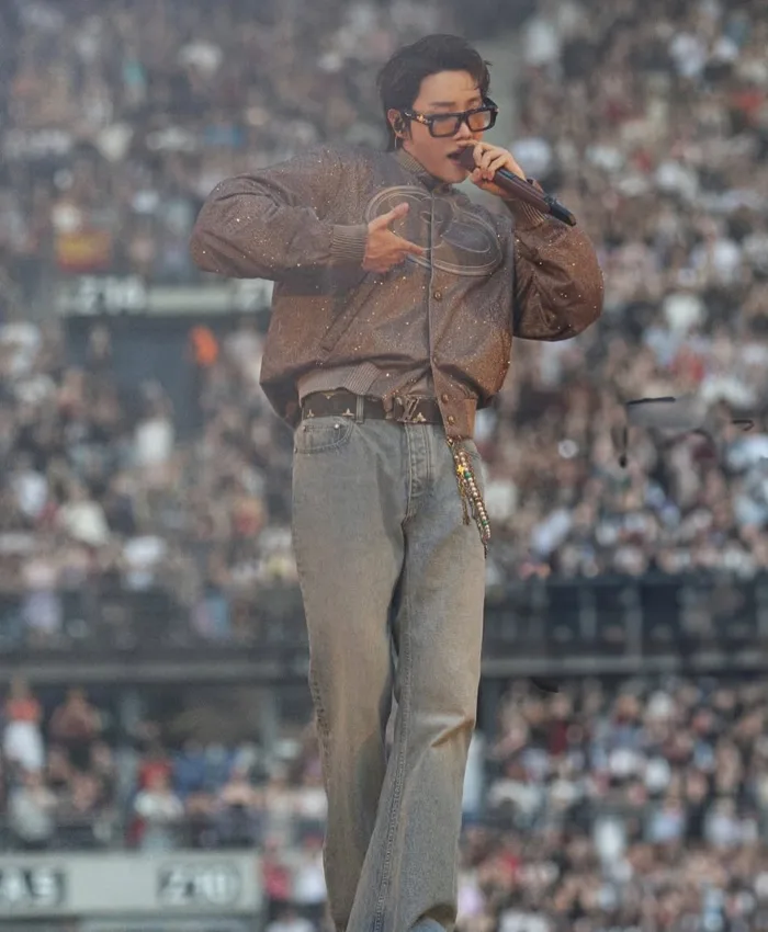Arirang Paris Tour 2026 J-hope Louis Vuitton Brown Sequin Varsity Jacket