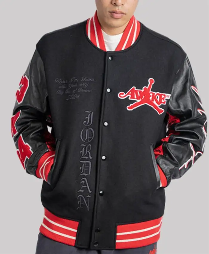 Awake NY x Jordan Black Letterman Jacket Front