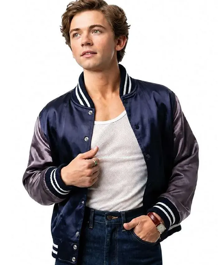 Bret Easton Ellis TV Series The Shards 2026 Igby Rigney Navy Blue and Grey Satin Bomber Jacket