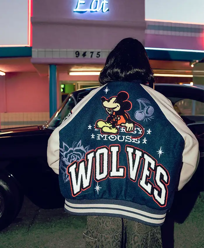 Buy 2026 Mickey Mouse Wolves Club Roxy Box Cut Rudy Letterman Varsity Jacket Back