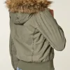 Buy Hollister PU Fur-Lined Olive Green Hooded Bomber Jacket On Sale Back