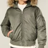 Buy Hollister PU Fur Trim Olive and Black Zip-Up Bomber Jacket