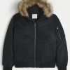 Buy Hollister PU Fur Trim Olive and Black Zip-Up Bomber Jacket Black