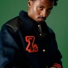 Buy Zedluxe Navy Blue Wool Bomber Jacket Front