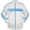 Retro white Wii track jacket featuring blue sleeve stripes and front zipper