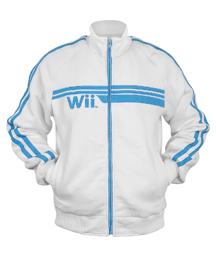 Retro white Wii track jacket featuring blue sleeve stripes and front zipper