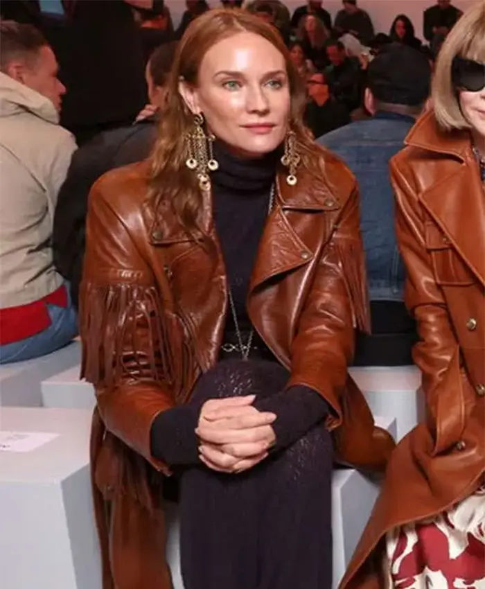 Diane Kruger PWF 2026 Brown Fringe Leather Coat For Sale