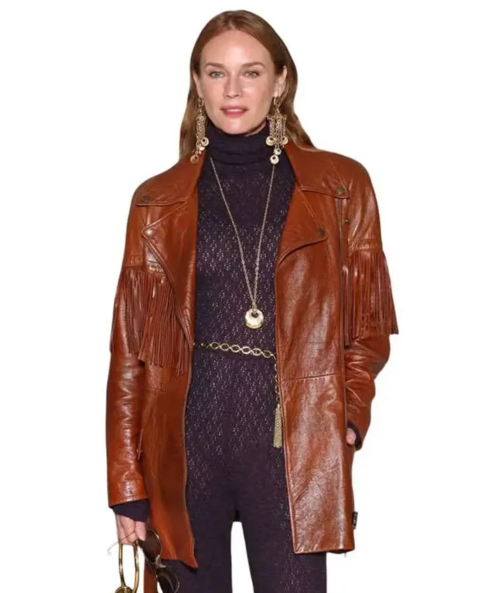 Diane Kruger PWF 2026 Brown Fringe Leather Coat Front
