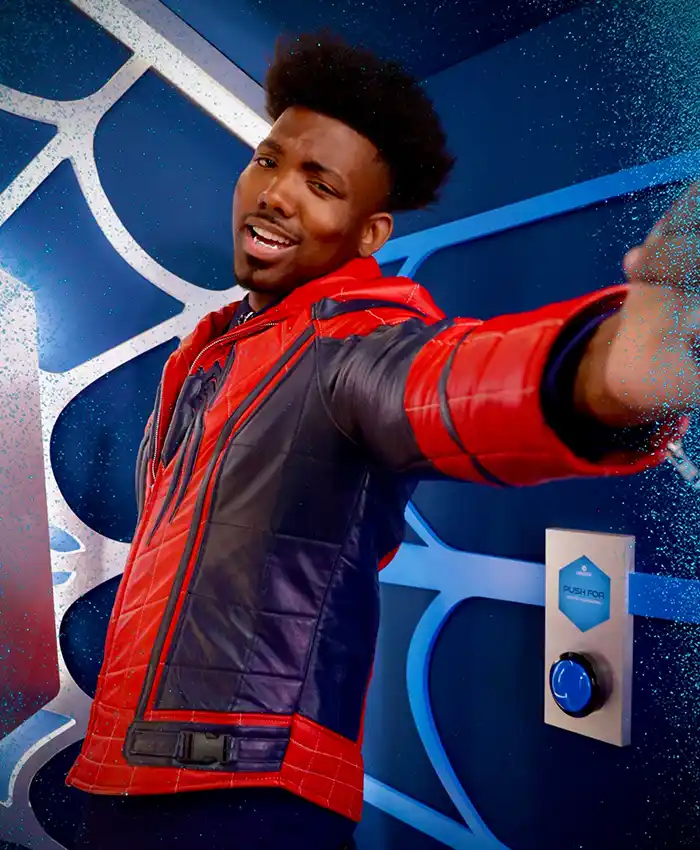 Dominique Barrett Movie Spider-Man Brand New Day 2026 Premiere Red Leather Jacket Front