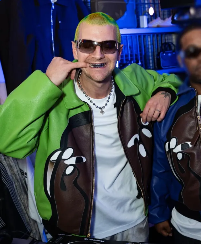 Ferg and Friends Party Artwork Leather Jacket Green