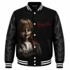 Premium black varsity jacket inspired by the Annabelle horror theme