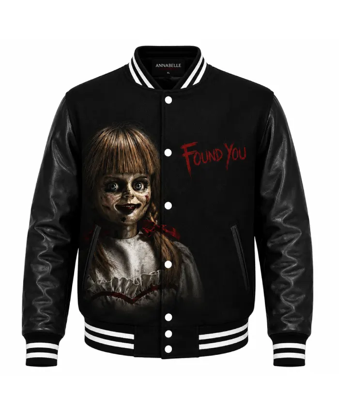 Premium black varsity jacket inspired by the Annabelle horror theme