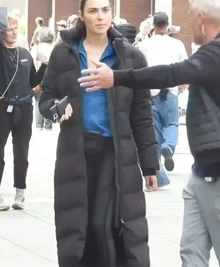 Gal Gadot Movie The Runner On Set 2026 Black Long Puffer Coat Front