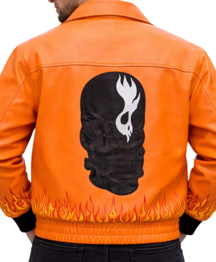 Ghost Flame Orannge Leather Bomber Jacket Back