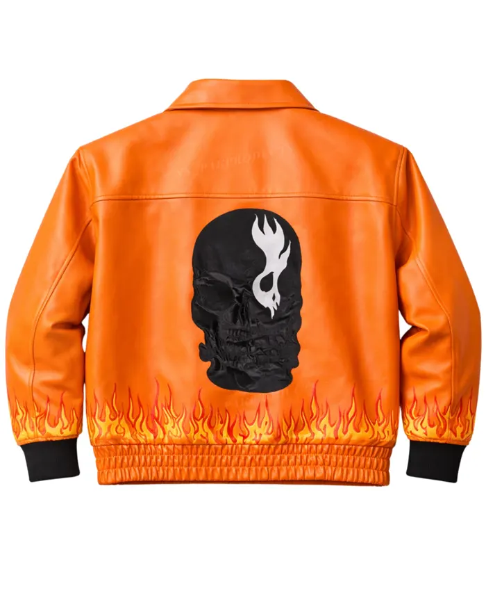 Ghost Flame Orannge Leather Bomber Jacket For Sale
