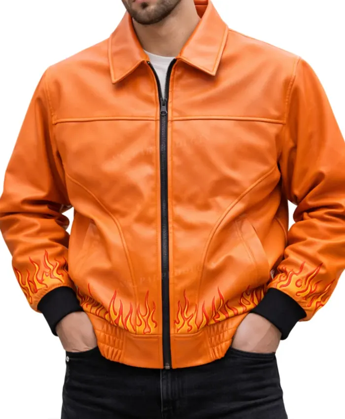 Ghost Flame Orannge Leather Bomber Jacket Front