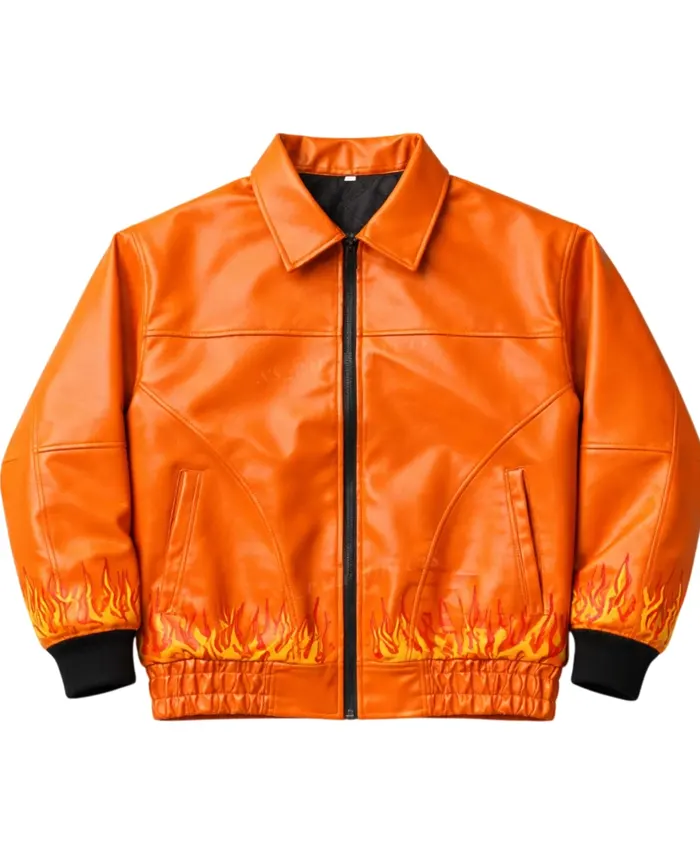 Ghost Flame Orannge Leather Bomber Jacket