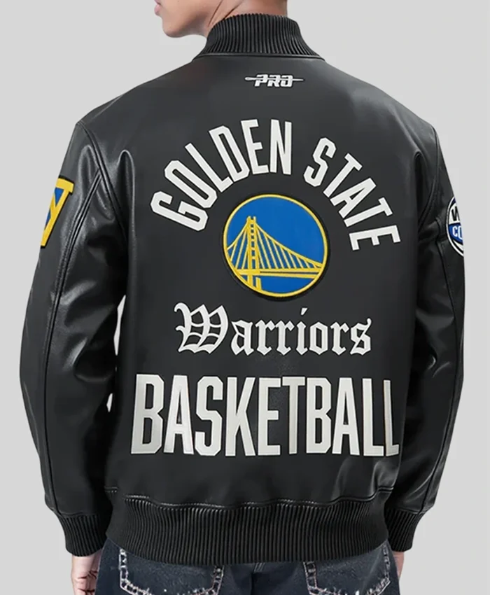 Golden State Warriors Black Leather Bomber Jacket Back
