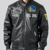 Golden State Warriors Black Leather Bomber Jacket Front