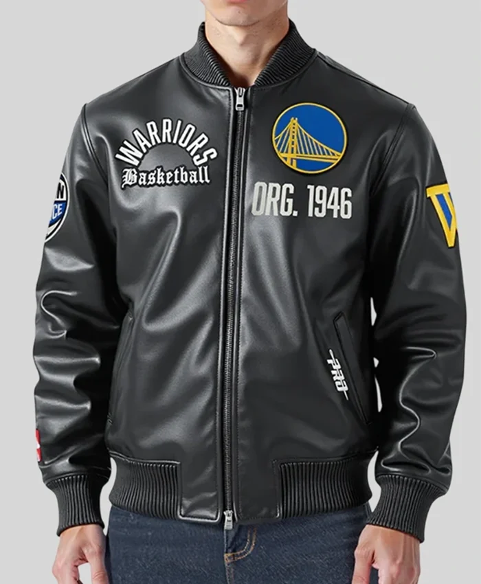 Golden State Warriors Black Leather Bomber Jacket Front