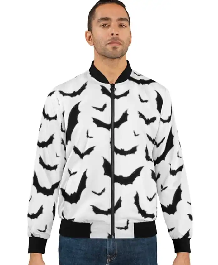 Halloween Bats White Bomber Jacket Front