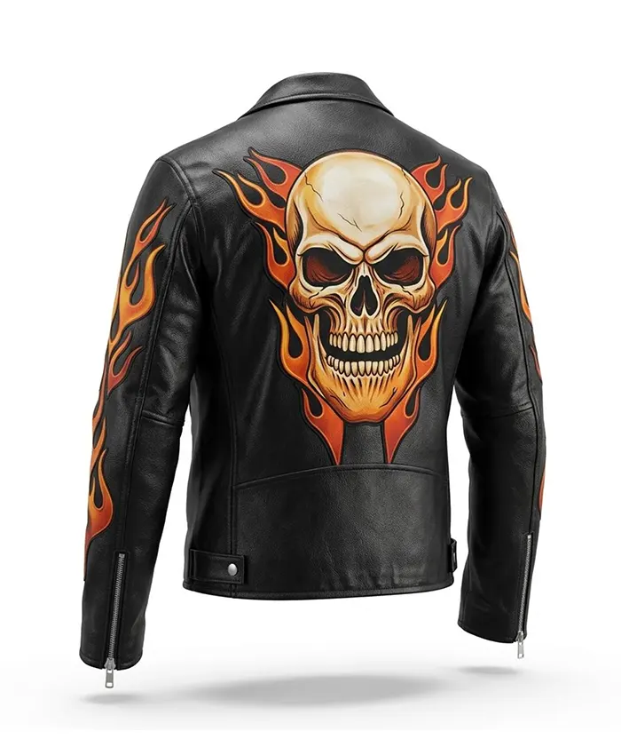 Halloween Flame Skull Leather Motorcycle Jacket For Sale