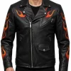 Halloween Flame Skull Leather Motorcycle Jacket Front