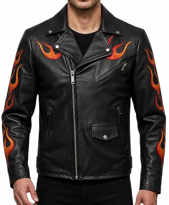 Halloween Flame Skull Leather Motorcycle Jacket Front