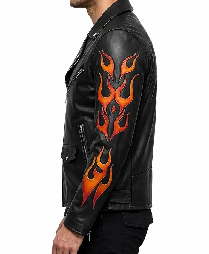 Halloween Flame Skull Leather Motorcycle Jacket Side