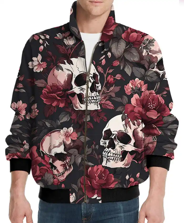 Halloween Floral Skull Golf Windbreaker Satin Jacket