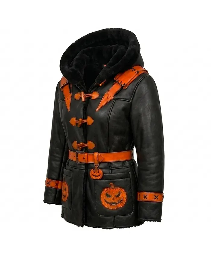 Halloween Gothic Pumpkin Hooded Leather Jacket For Sale